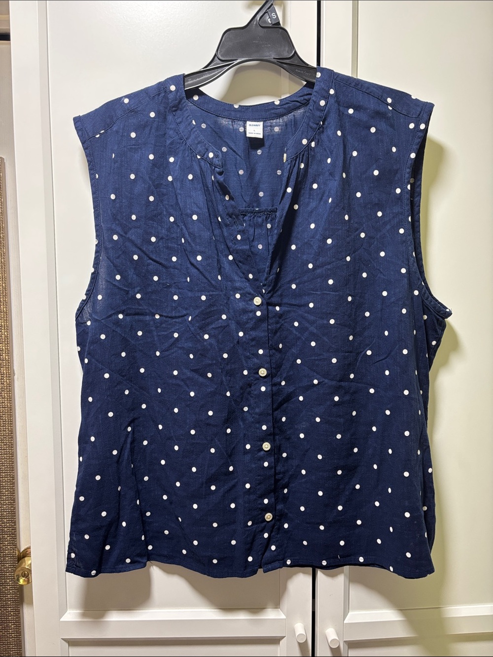 Sleeveless Navy Polka Dot Button-Front Top